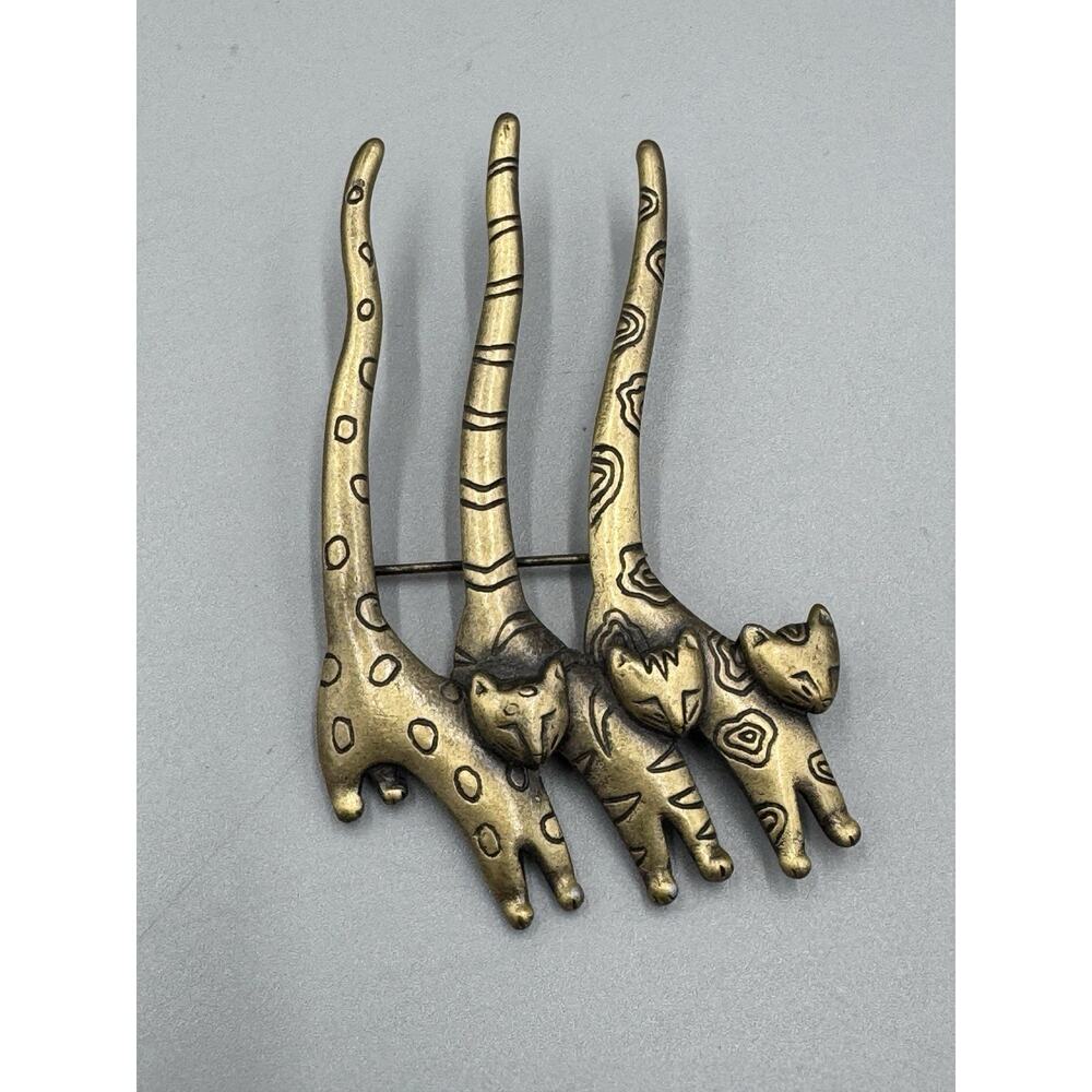 Vintage JJ Jonette Jewelry 3 Catsā Trio W/ Long Tails Aztec Design Brooch READ